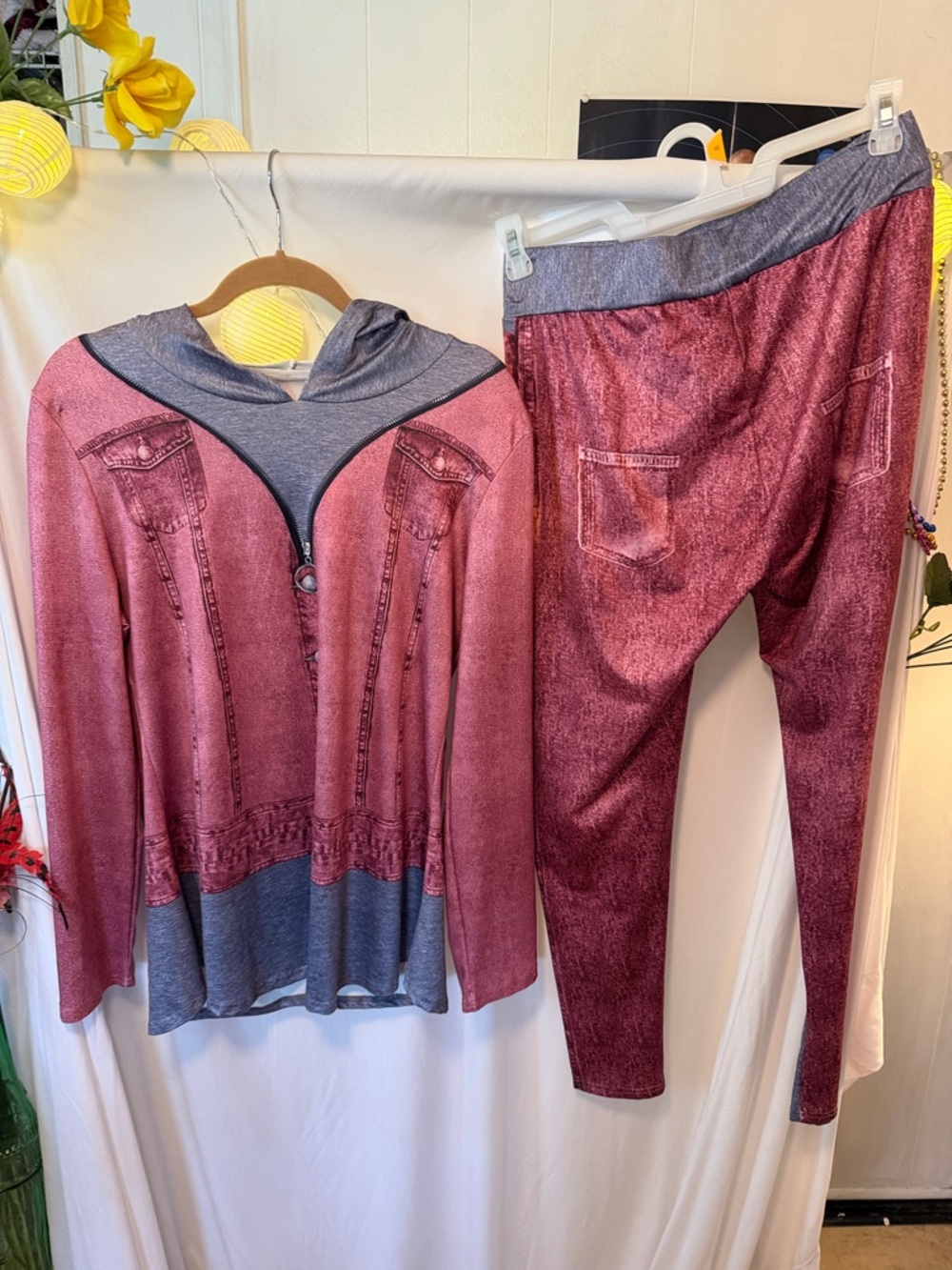 Women's Pink Hooded Legging Set - Faux Denim Print